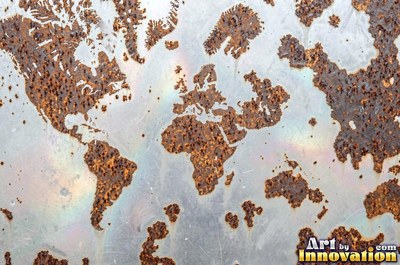 Rust bubbling up under old paint with blisters bursting open