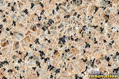 Polished granite with dense speckles of mineral crystals in warm beige