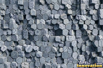 Basalt columns seen end on as a pattern of hexagons