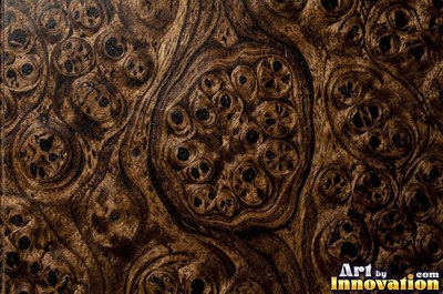 Burl figure glowing with chatoyant shimmer under lacquer