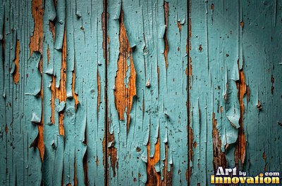 Peeling emerald paint curling off a wooden door in long flakes