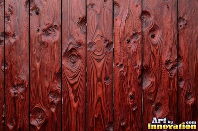 Vertical barn boards in oxblood red stain with every knot showing through