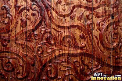 Vertical barn boards in oxblood red stain with every knot showing through