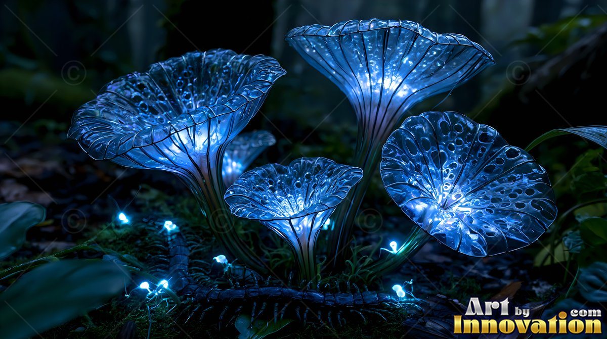 Fireflies drifting through a dark fantasy forest under a full moon