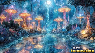 In a blue cavern pool, huge orange mushrooms rise along rocky shores under a bright moon