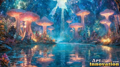 Shining above a blue pond, giant pink mushrooms stand beside a waterfall