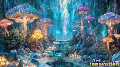 Giant blue and purple mushrooms by a bright stream