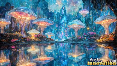 Shining pink undersides of large mushrooms reflected across still water in a blue crystal cave