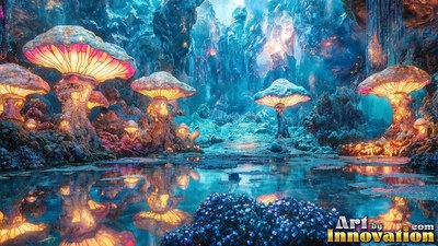 Giant mushrooms rise around a cave pool, shining with warm orange light inside blue rock