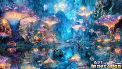 Standing tall beside a still blue lake, giant lighted mushrooms rise in a cavern