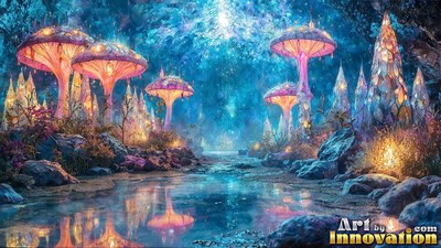 Pink umbrella mushrooms and crystal towers shine along a blue river under a starry sky