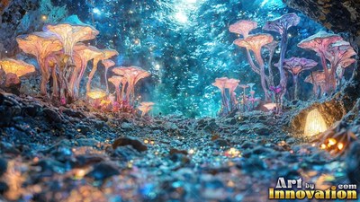 In a dark blue cave, bright pink and yellow mushrooms rise from a rocky floor