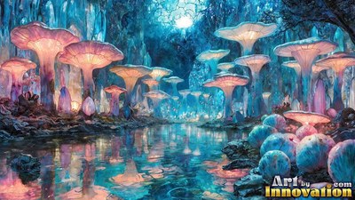 Spreading over calm water, tall pink and blue mushrooms light a rocky cavern pool