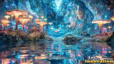 Luminous mushrooms grow around a cave pool filled with blue light