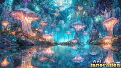 Broad pink caps top tall mushrooms growing beside clear water inside a blue glass cavern