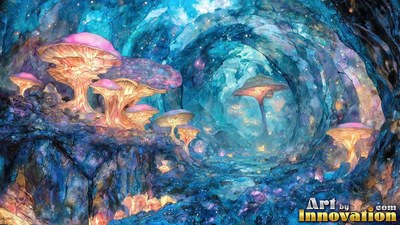 Large pink mushrooms rise along a blue cavern path lit with warm yellow light