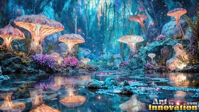 Standing upright around calm water, pink and blue giant mushrooms light up a cave