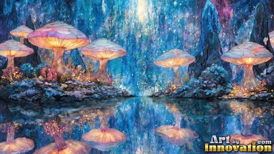 Bright mosaic clear glass mushrooms shine beside water under blue sparkling light