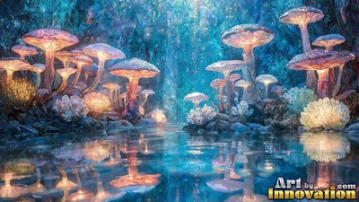 In a blue forest pool, bright pink and white mushrooms shine along the water