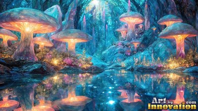 Shining beside a clear blue pool, giant mushrooms light up a quiet cave