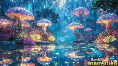 Giant purple mushrooms over a shiny forest pool