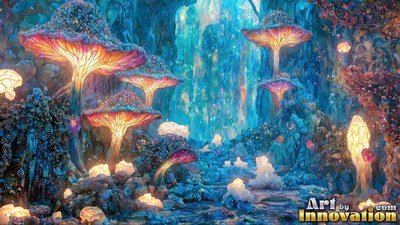 Wide orange caps define giant mushrooms growing across a deep blue crystal forest