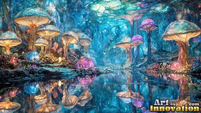 Giant mushrooms grow along a quiet pool that reflects bright blue and purple light