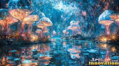 Reflected upright across still water, bright tinted glass mushrooms grow in a blue cave pool
