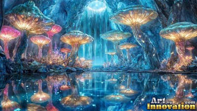 Bright mushrooms shine over a pool of water inside a blue cave