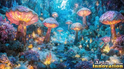In a blue forest, large pink mushrooms shine with warm light over a stream