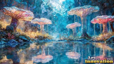 Shining by a calm pool, tall pink mushrooms stand under blue forest light