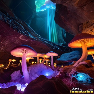 Bright purple and orange mushrooms grow in a dark rocky cave under blue light