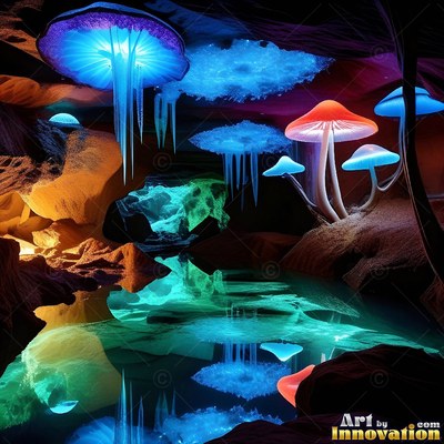 Icicles hanging from a blue mushroom cap in a dark cave with still water below