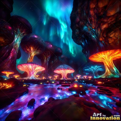 Giant mushrooms sprout along a river under bright green northern lights