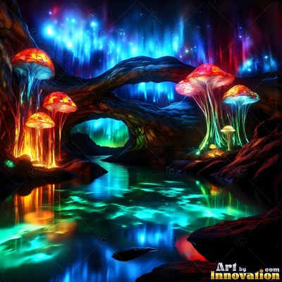 Sprouting upright by a cave pool, red mushrooms rise under blue sky lights