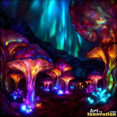 Bright mosaic tinted glass mushrooms light up a dark field under green northern lights