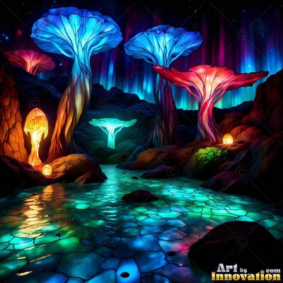 On a dark alien landscape, giant blue and red stained glass mushrooms stand by water
