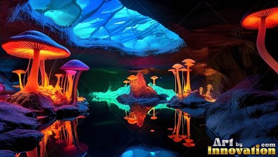 Sprouting in a dark cavern, orange mushrooms shine above clear water under a blue skylight