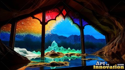Leaded glass cave window looking out at blue crystals