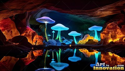 Bright blue caps top tall mushrooms reflected in still water inside a dark cave