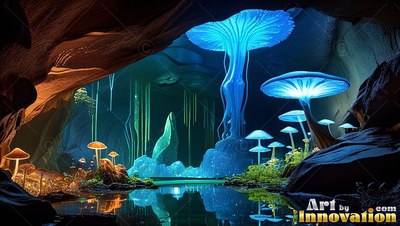 Tall mushrooms rise beside a deep cave pool, shining with bright blue light