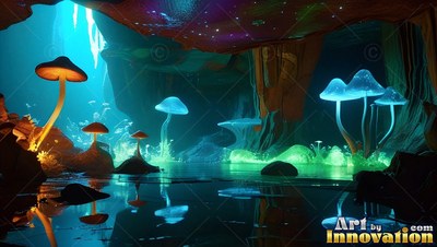 Sprouting tall across cave water, blue and orange mushrooms shine in soft light