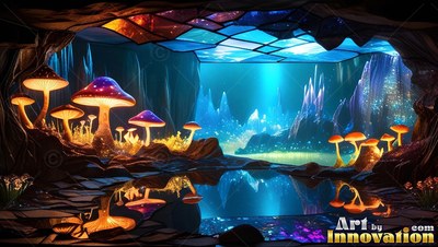 Bright mushrooms shine inside a cave by blue water under a glass ceiling