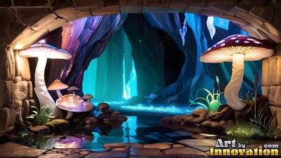 In a stone cave arch, bright mushrooms sprout by blue water under hanging crystals