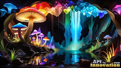 Bright mushrooms by a cave pool with blue water falls