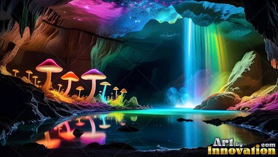Pink mushroom caps rise by a turquoise pool under a rainbow waterfall inside a dark cave