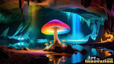 A rainbow mushroom stands on rocks inside a cavern lit by bright blue reflections