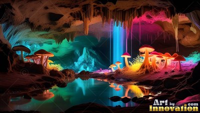 Sprouting around a cave pool, bright mushrooms stand under blue light