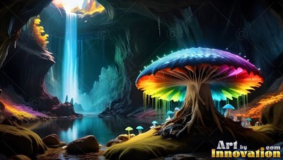 A giant rainbow mushroom grows beside a dim cave pool and a blue waterfall