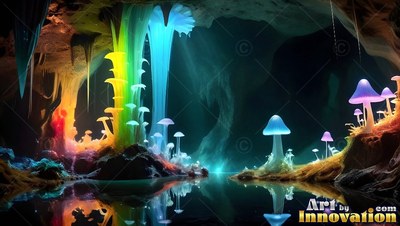 In a dark cavern, bright rainbow mushrooms grow along a still pool